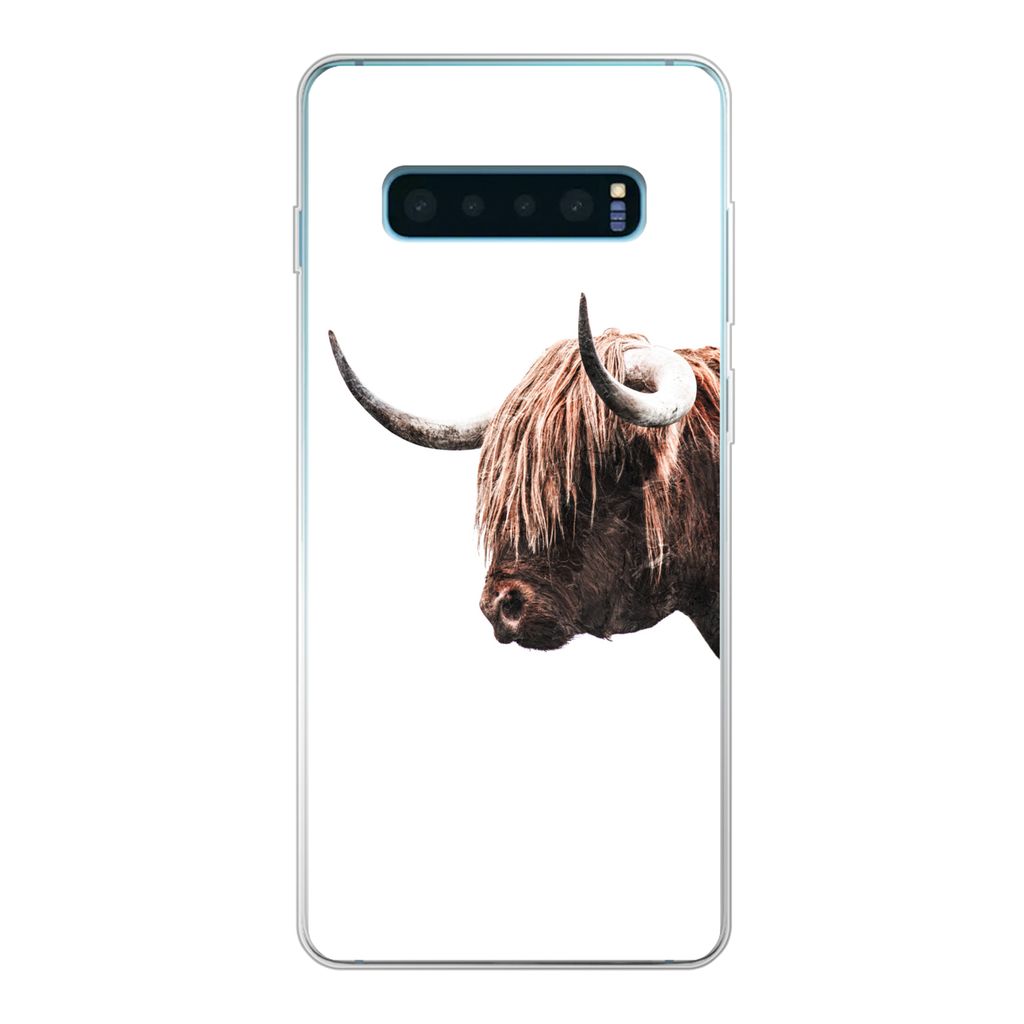 MuchoWow Handyhülle Schutzhülle Hülle für Samsung Galaxy S10 Plus Schottischer Highlander - Hoorn - Porträt Silikon Softcase Handy Hülle - ...