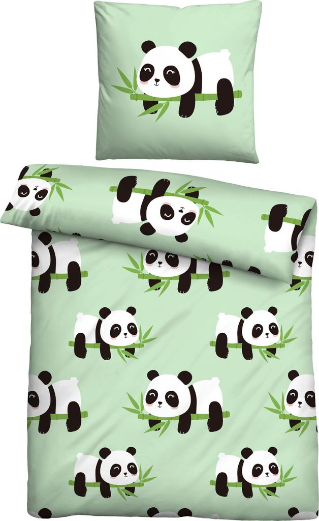 A top-down view of a panda-themed bedding set, including a pillowcase and a duvet cover, laid out flat.