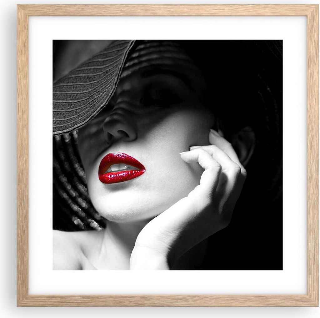 Gerahmtes Poster - Rahmen in heller Eiche - Frau Gesicht Lippen - 40x40 cm - Wand Bild - Wanddeko - Wandbilder - Wandposter - Bilderrahmen - Bilder...