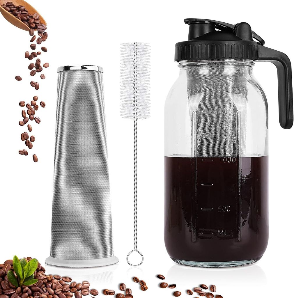 Cold Brew Coffee Maker, 64 oz Mason Jar Pitcher mit Edelstahlfilter, Ausgießer und Griffdeckel