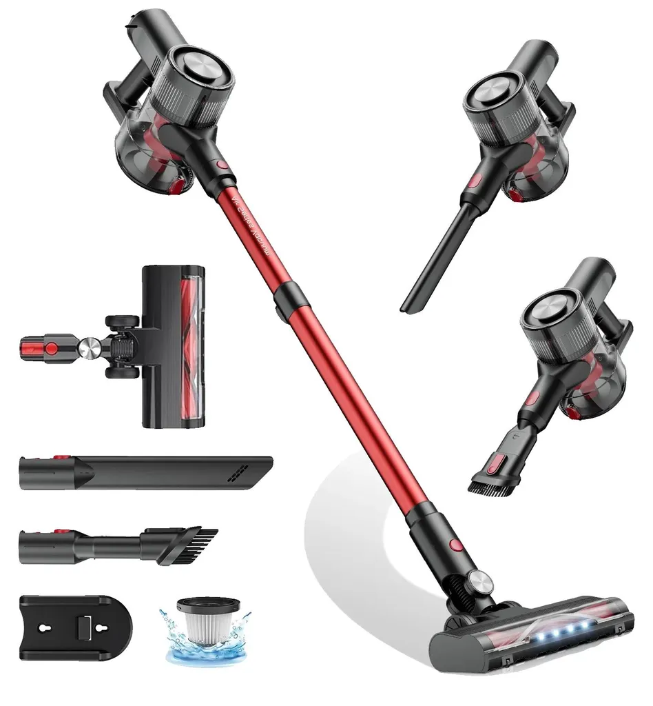 Aspirateur balai sans fil puissant 33kPa système cyclonique rouge UE