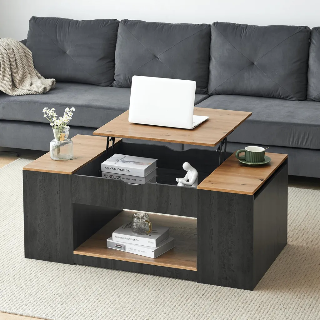Table basse plateau relevable 109 cm en MDF bicolore gris et marron