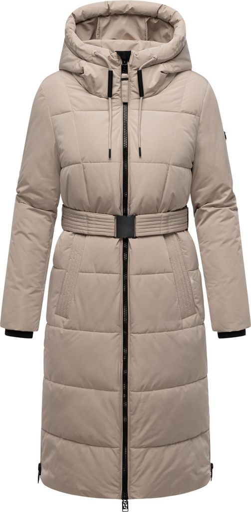 Navahoo Damen Wintermantel langer Steppmantel Jacke Parka mit Kapuze & Gürtel Herbstnebel Light Taupe Gr. 46 - 3XL