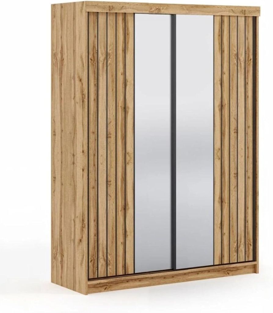 Krudox MOL Kleiderschrank Schiebetür Votan 150x216x62 cm mit Spiegel 2 Schubladen Kleiderstange Schlafzimmer Mehrzweckschrank