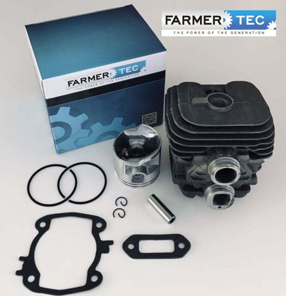 A set of chainsaw cylinder and piston parts, along with their packaging, are displayed on a white background.