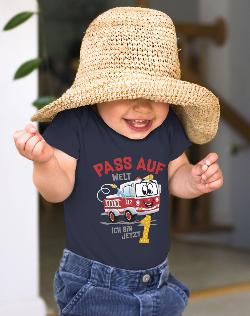 Babybody 1.Geburtstag Feuerwehr-Auto Pass auf Welt ich bin jetzt 1 kurzarm Body Baumwolle Moonworks navy 6-12 Monate