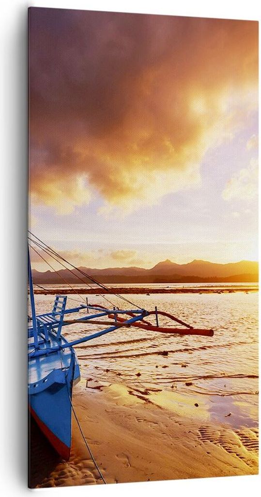 Bild auf Leinwand - Leinwandbild - Ufer Boot Strand - 65x120cm - Wand Bild - Wanddeko - Wandbilder - Leinwanddruck - Bilder - Kunstdruck - Wanddeko...