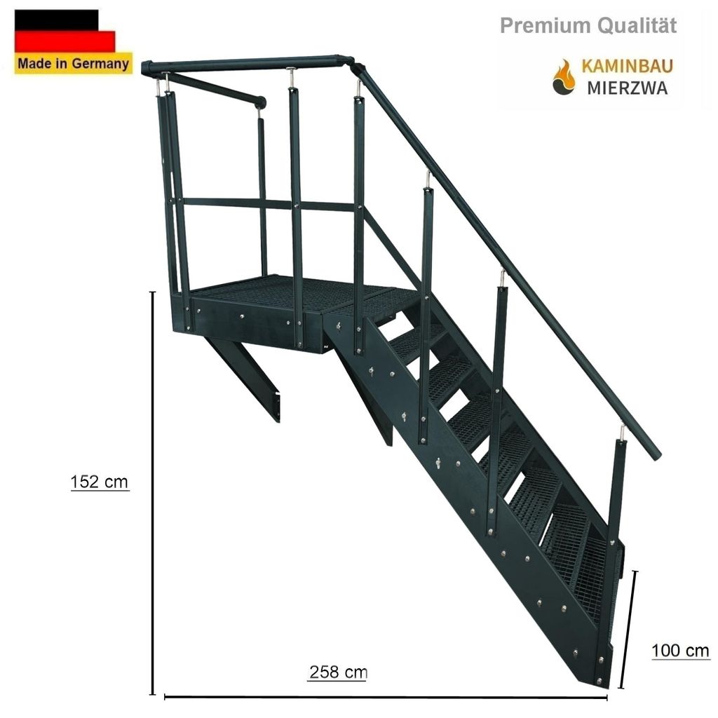 Podesttreppe Wangen- Stahltreppe 8 Stufen Höhe 152 cm inklusive Podest 100x100cm mit Geländer Anthrazit / Ausrichtung Treppe Rechts / Aussentreppe