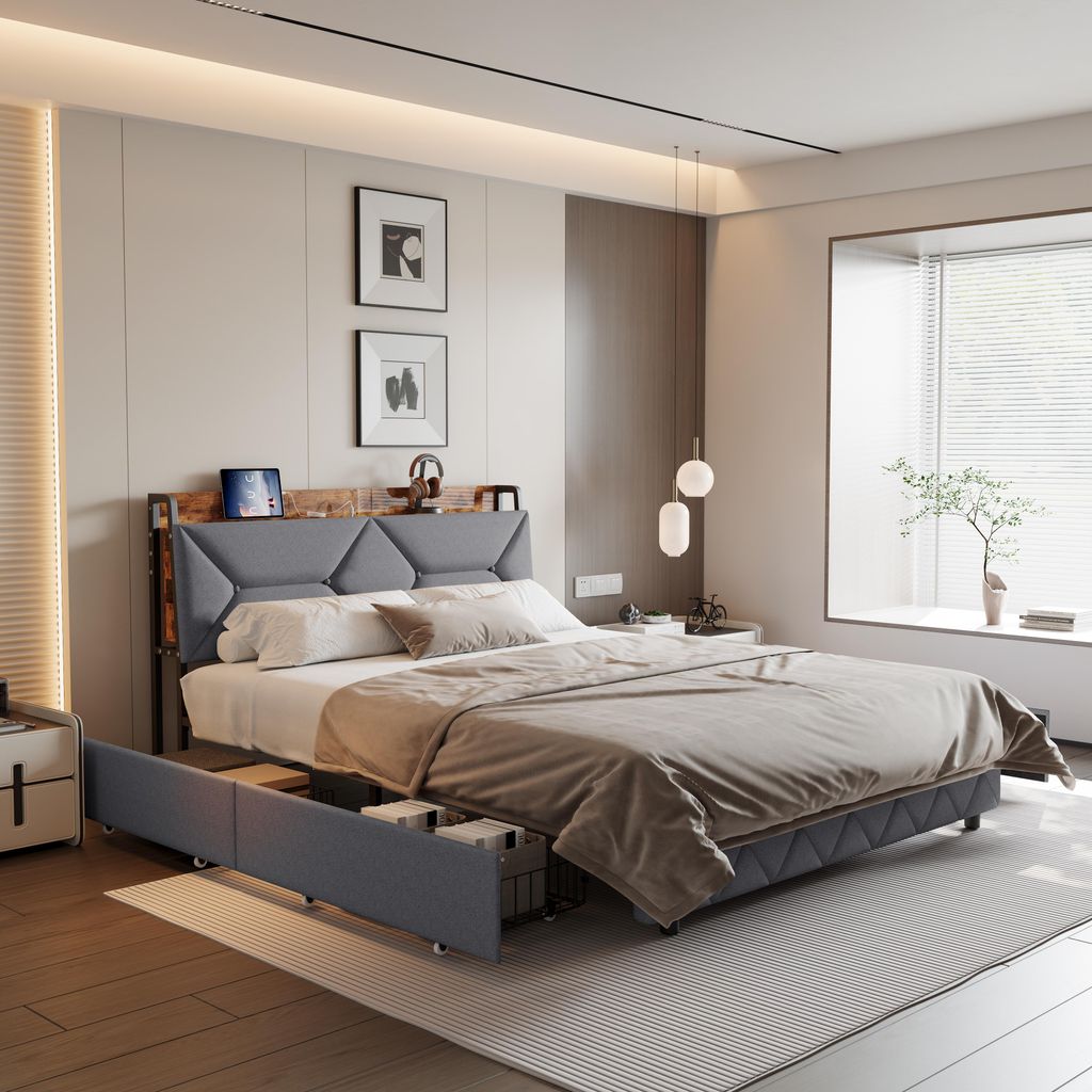 ProximaX Massivbett 140x200 cm mit ergonomischer Rückenlehne und ausziehbarem Stauraum im Kopfteil – stabiles Stahl-Holz-Bett im modernen Design...
