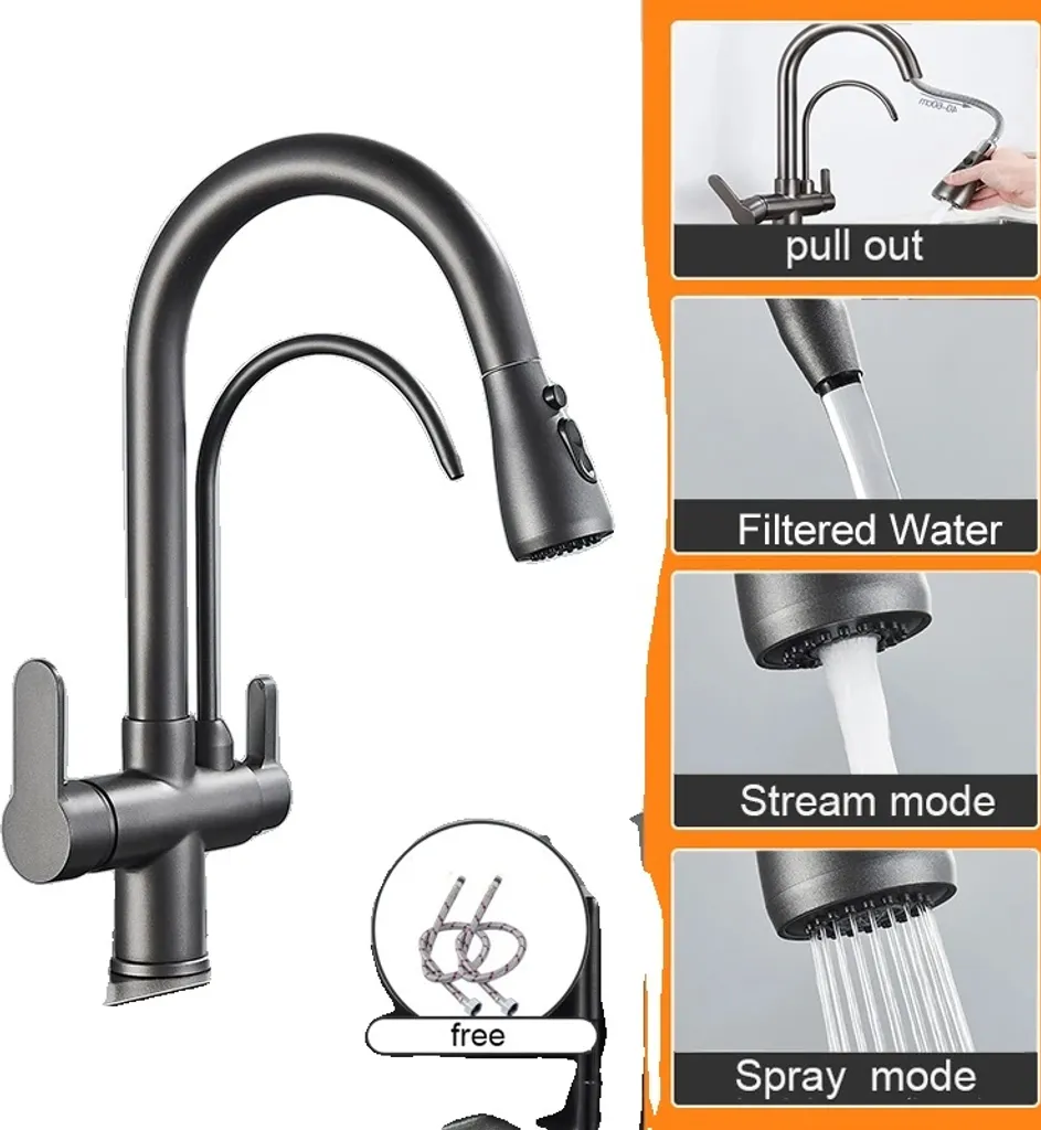 Miscelatore Cucina Grigio Pistola Doppia Manopola Doccia Estraibile