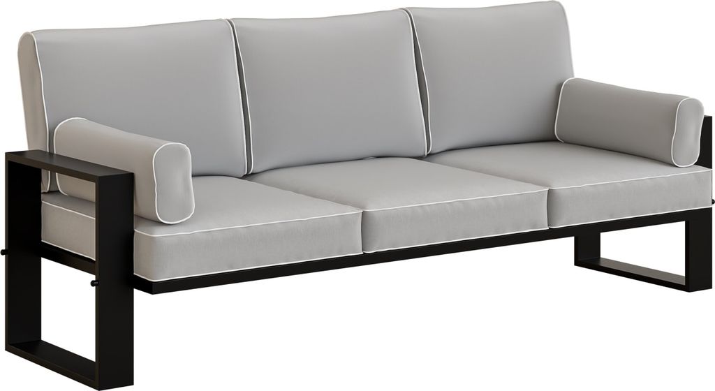 BETTSO 3-Sitzer Gartensofa hellgrau – Loungesofa für Garten & Terrasse, wetterfest, Metallrahmen schwarz, bequeme Polsterung