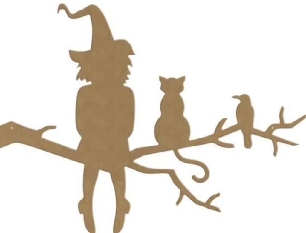Déco Murale Halloween Sorcière et Chat, Support MDF 49x36cm pour Salon