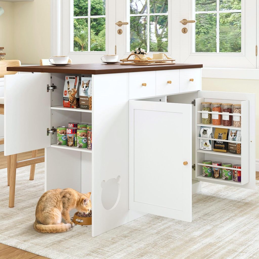 Merax Sideboard Kücheninsel mit Ausziehbarer Arbeitsplatte, Haustierbereich, 3 Schublade, 3 Tür, Gewürzregal, Küchenwagen, Küchenschrank, Weiß