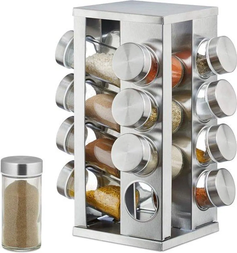 Porte-épices rotatif en acier argenté et 16 pots transparents design