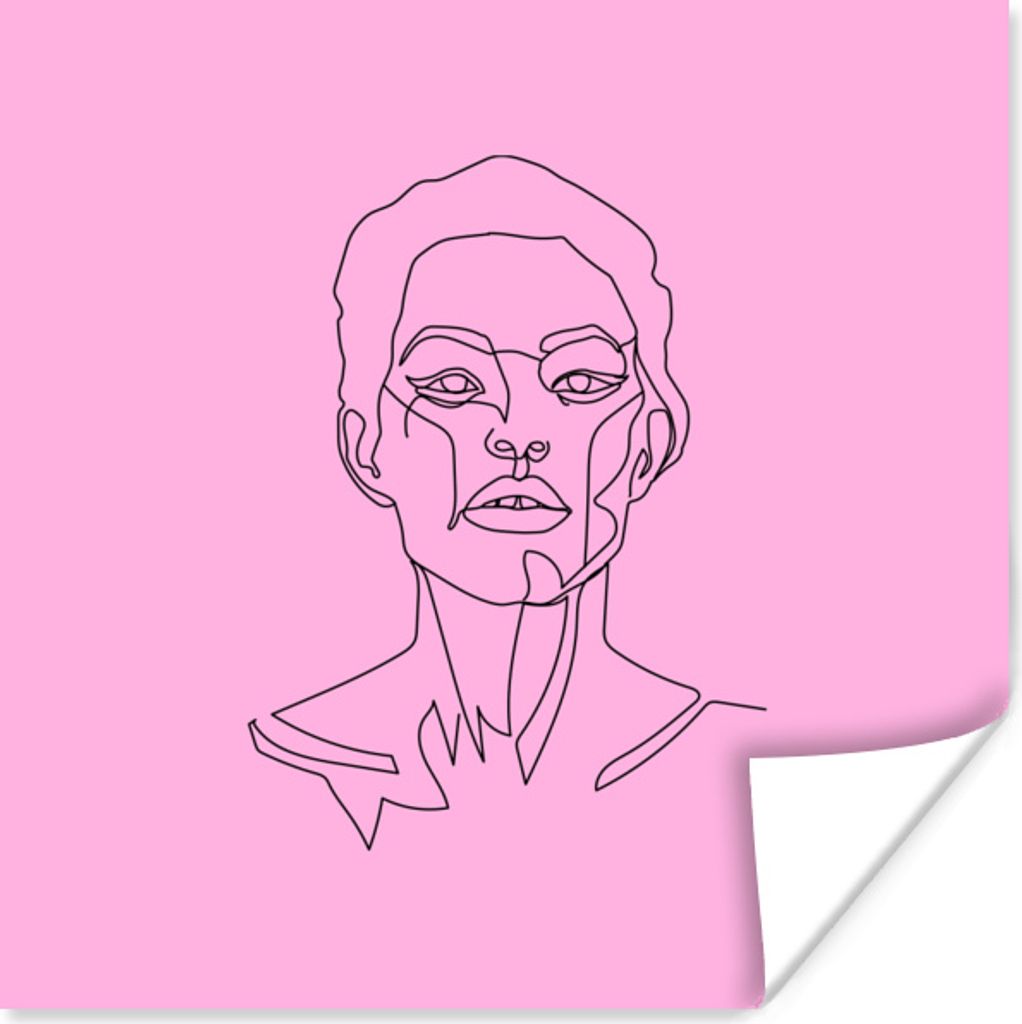 MuchoWow Poster Frau - Rosa - Gesicht - Strichzeichnung 75x75 cm - Wand Dekoration