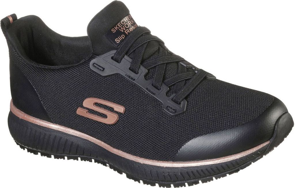 A single black Skechers women's sneaker with rose gold accents.