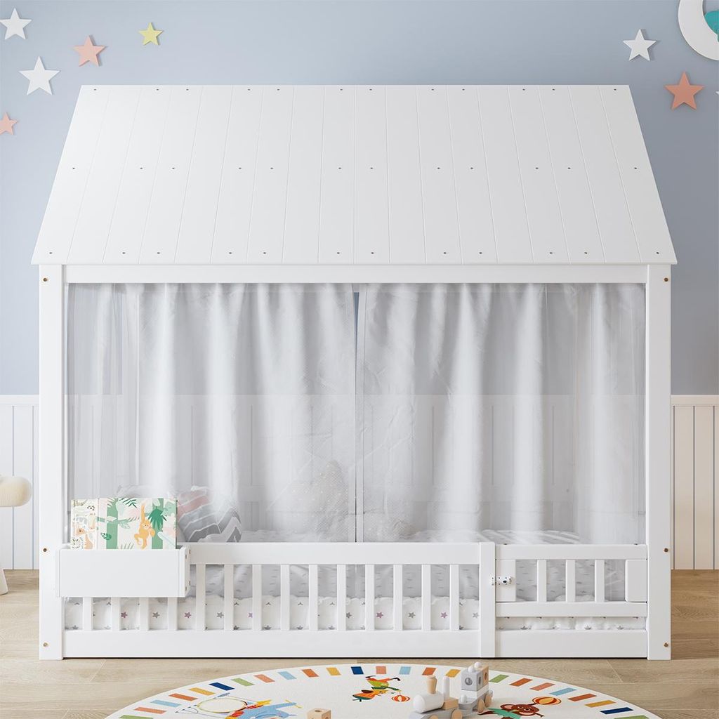 Kinderbett mit Vorhängeschirmen und einem Stauraumfach Hausförmiges Design Einzelbett 140x200cm Weiß