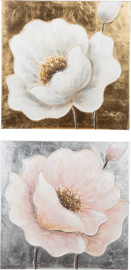 Tableau Carré pour Salon Motif Hibiscus Rose et Or 50x50 cm - Lot 4