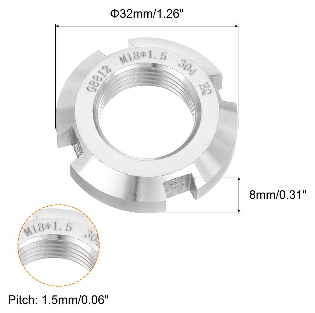 M18 x 1,5 mm - 2 Stš¹ck Vier-Schlitz-Schlitzrundmuttern - 304 Edelstahl Rundmutter fš¹r verschiedene W?lzlager, Industriefeld, Silber.