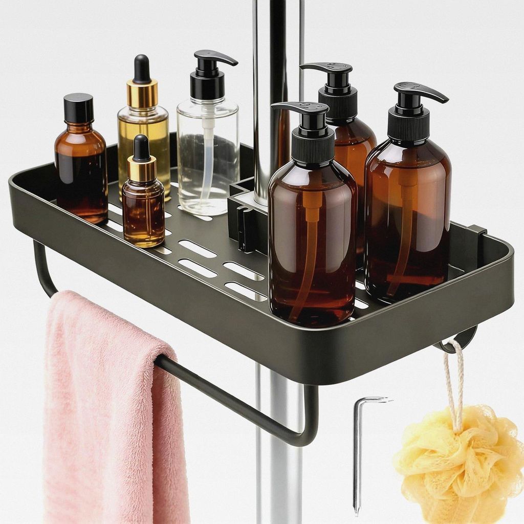 Duschablage ohne Bohren, Rostfreie Duschregal für Duschstange 22-25 mm, mit 2 Haken & Handtuchhalter, Badregal Shampoo Halterung für Dusche, Univ...