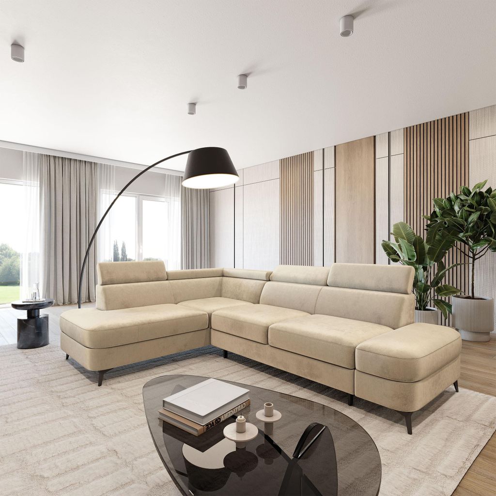 Masseno Ecksofa AVISE M L-S mit Schlaffunktion L-Form, Sofa mit Bettkasten, Wohnzimmersofa, Couch, Soffa, Bettsofa, Couchgarnitur- Creme, MONOLITH 04