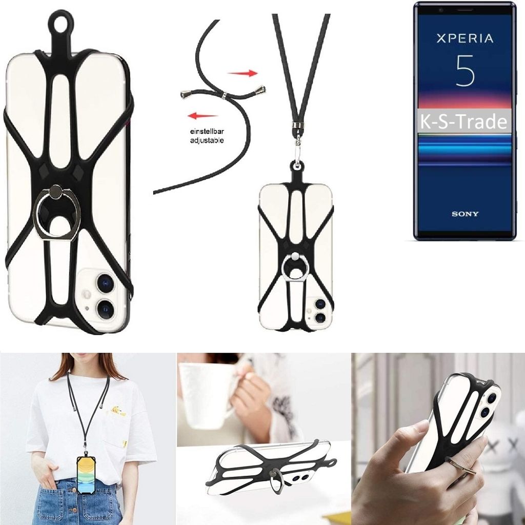 K-S-Trade 3in1 Handykette Handyband Handykordel Halsband Smartphone-Ring Handy-Ring kompatibel mit Sony Xperia 5 Fingerhalterung Handyring