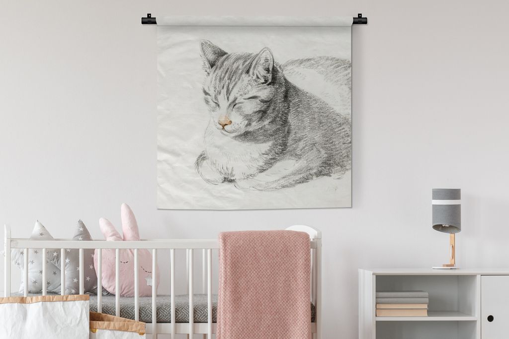 MuchoWow Wandteppich Wandbehang Liegende Katze, schräg nach vorne geneigt - Gemälde von Jean Bernard 90x90 cm Tapisserie Dekoration Wandtuch - ...
