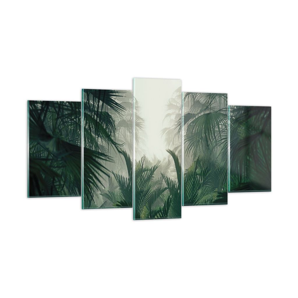 Bilder auf glas - 5 Teile - Dschungel Blätter Palmen - 160x85cm - Glasbilder - Wandbilder - Bilder - zum Aufhängen bereit - Wanddekoration aus Gl...