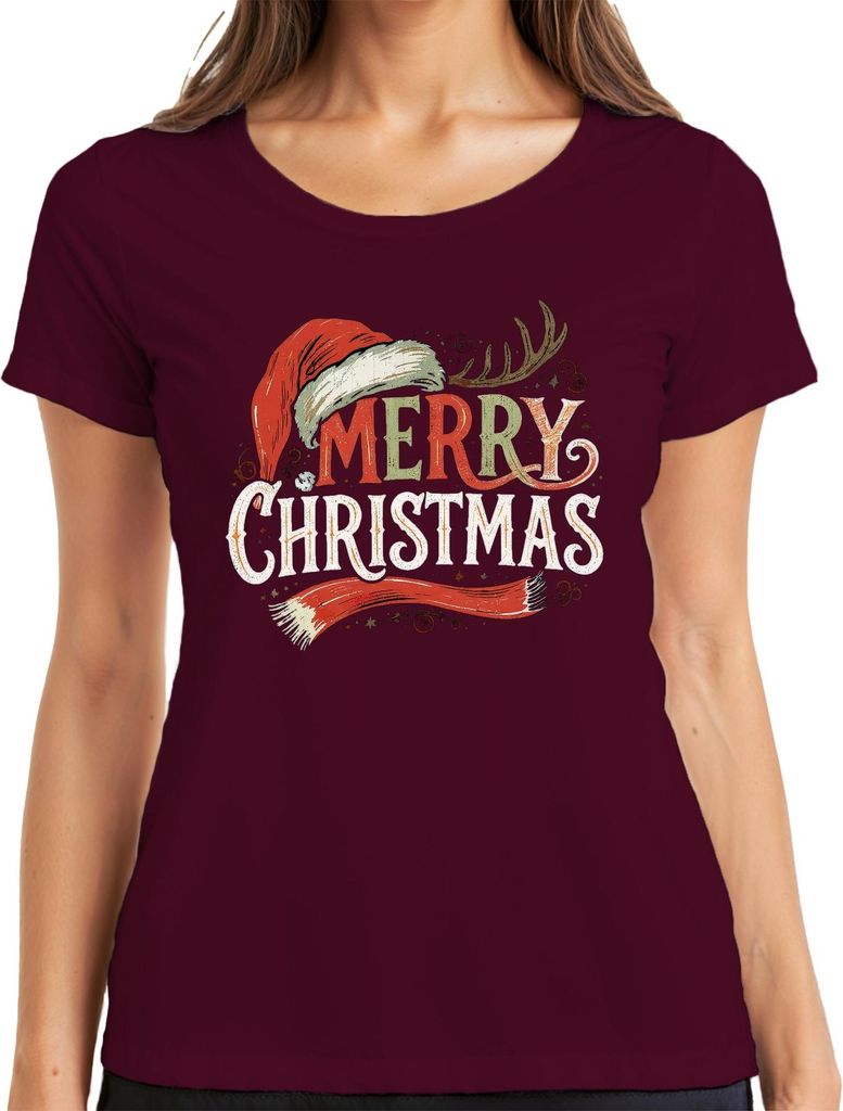 MERRY CHRISTMAS Weihnachtsmütze Rentier Vintage Retro Weihnachten Damen T-Shirt, Burgundy, XXL