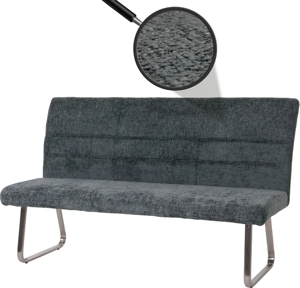 Banc 180cm tissu chenille Öko-Tex bleu-vert et pied inox brossé chic