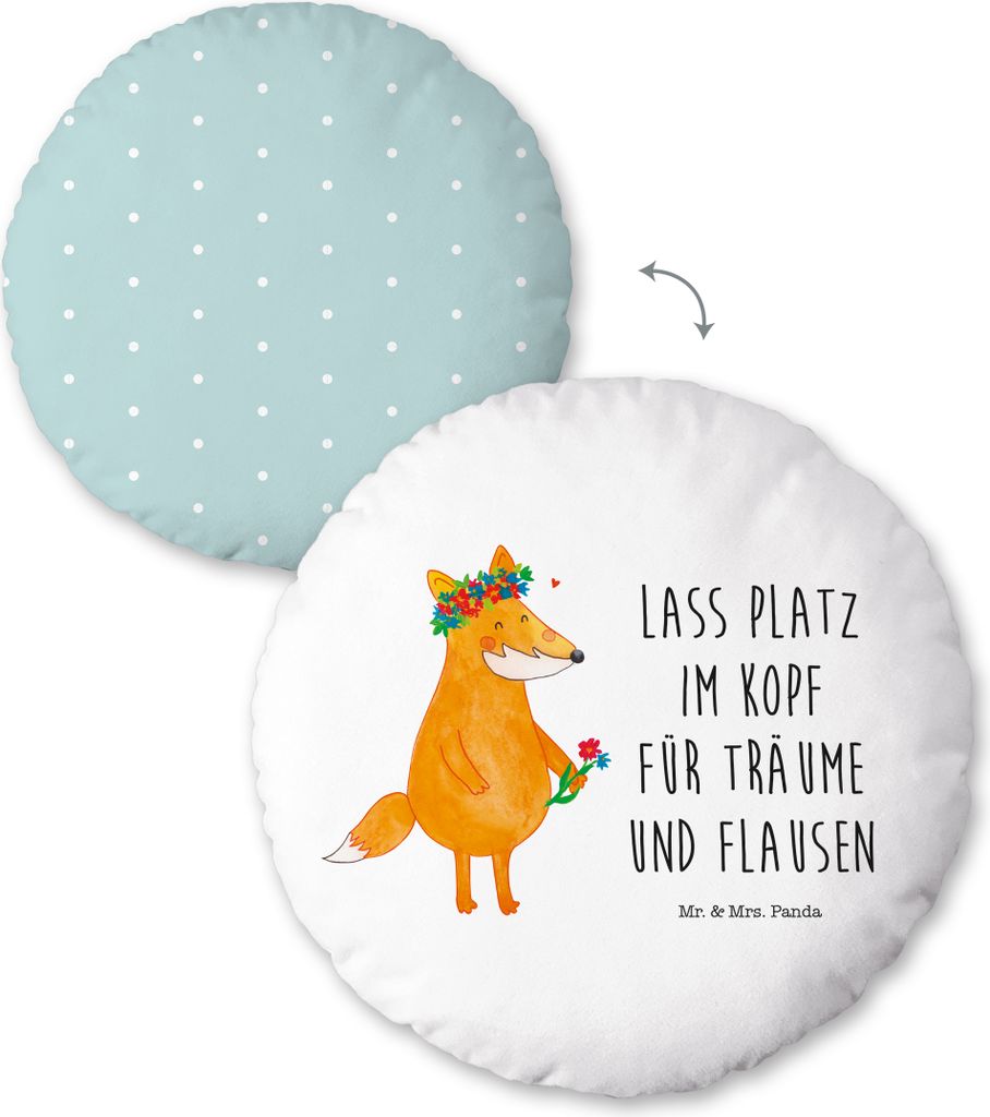 Mr. & Mrs. Panda Rundkissen Fuchs Blumen - Weiß - Geschenk, Sitzkissen Rund, Stuhlkissen, Kissen, Bodenkissen, Blumenmädchen, Blumenliebe, Boho, ...