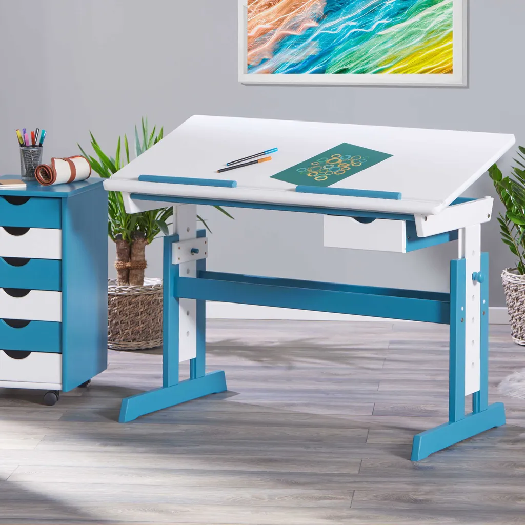 Pijii Bureau Réglable Blanc et Pétrole - Table Ergonomique Motorisée