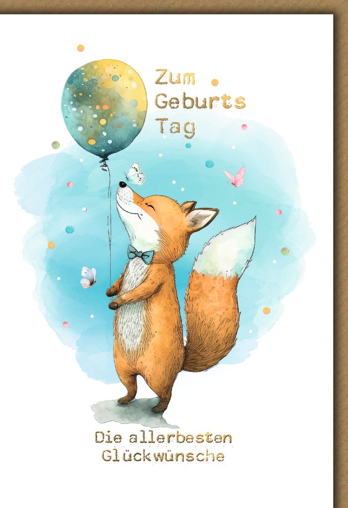 Geburtstag Glückwunschkarte mit Umschlag Fuchs mit Ballon die allerbesten Glückwünsche