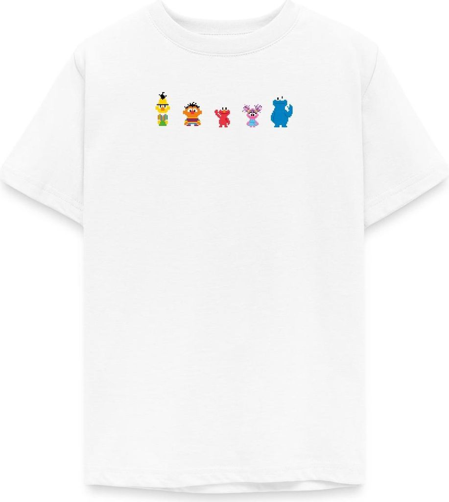 Spreadshirt Sesamstraße Pixel Charaktere Teenager T-Shirt, 134/146 (9-11 Jahre), Weiß