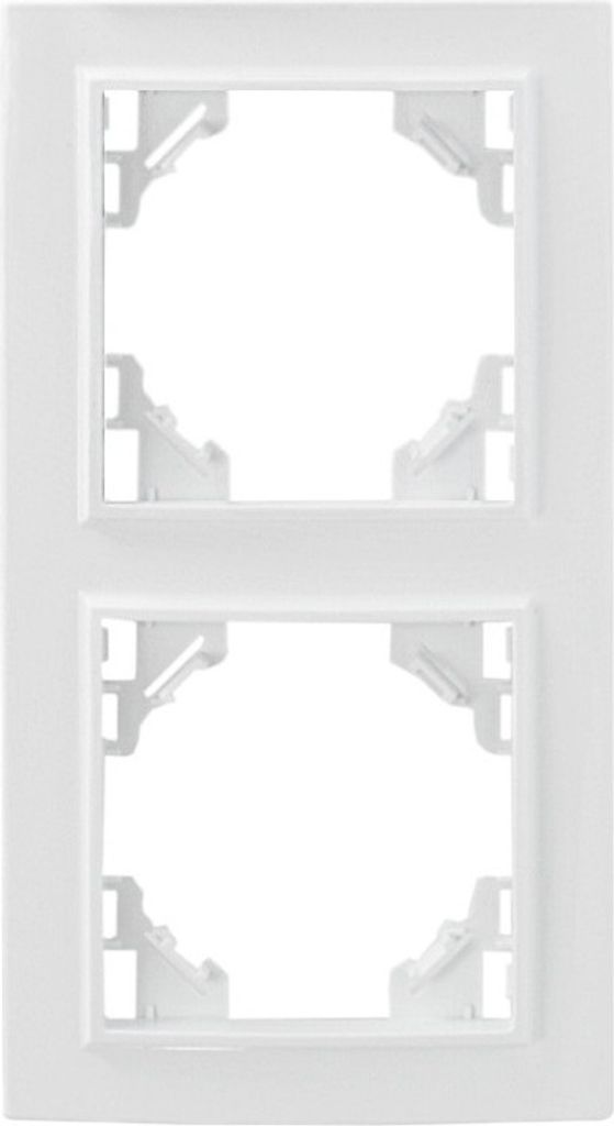 A white plastic frame for electrical outlets, designed to hold two modules vertically.