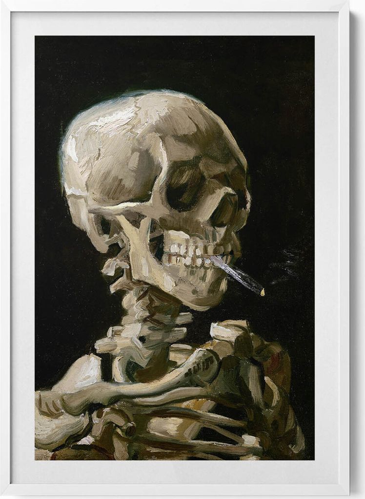 Gemälde eines Totenkopfes mit einer Zigarette– Wandbild mit Rahmen – Gerahmtes Bild – Wanddekoration – 70x100 cm – Weiß Rahmen