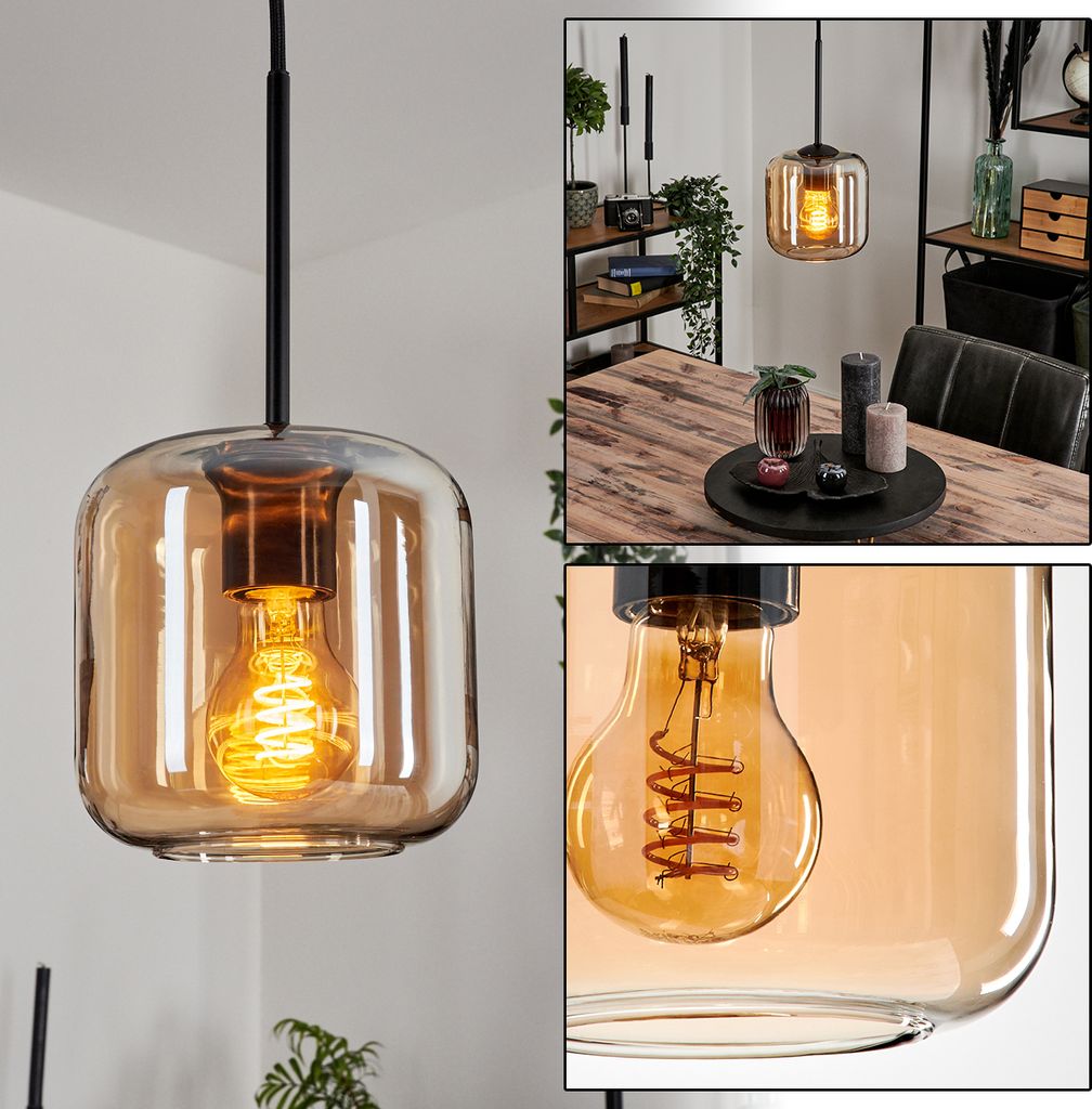 Pernate Hängelampe aus Metall/Glas in Schwarz/Bernsteinfarben