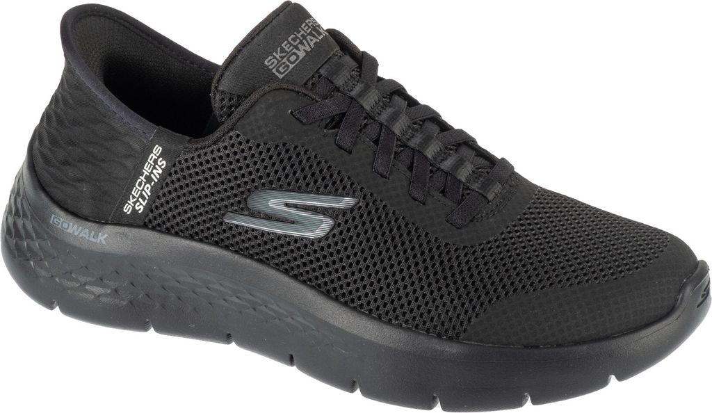 A black Skechers Go Walk Flex sneaker is shown from a side angle against a white background.