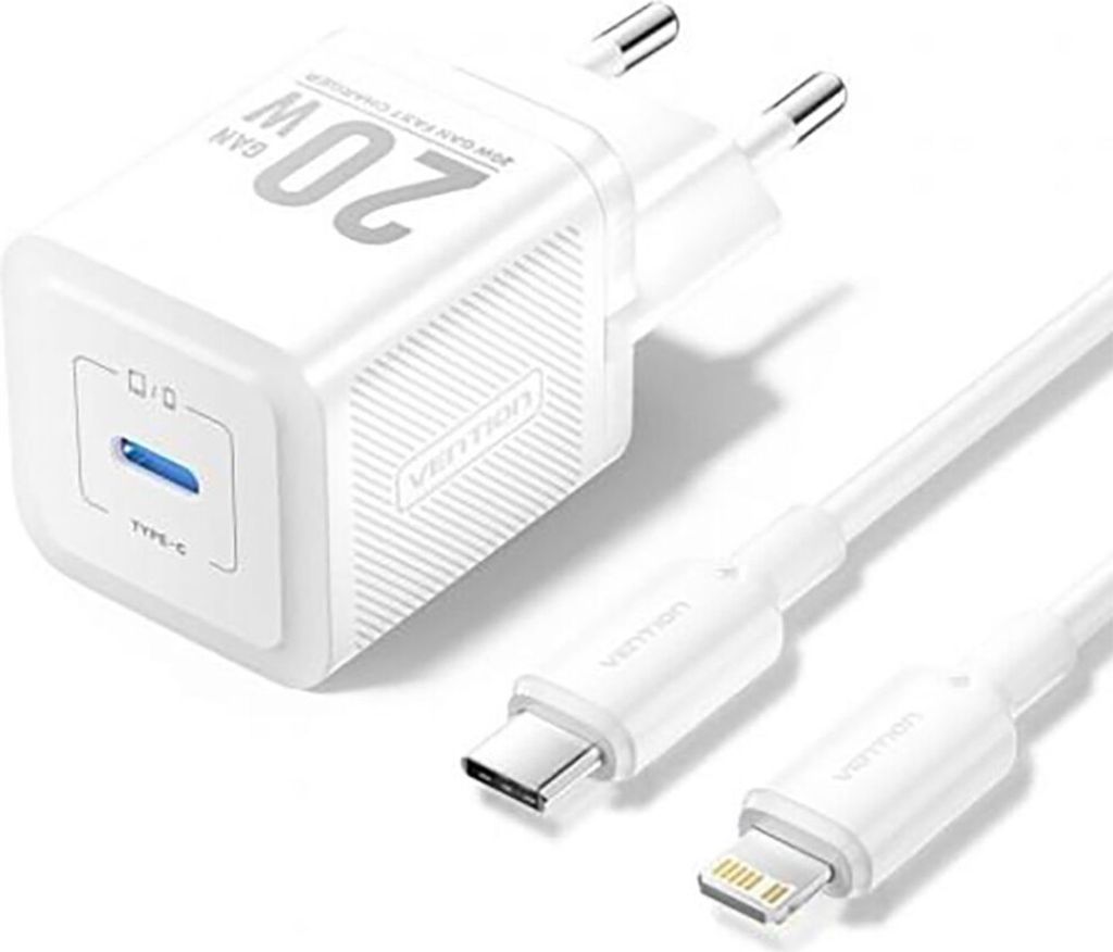 Vention 1-Port USB-C GaN Ladegerät (20W) mit USB-C zu Lightning Kabel (1M) EU-Stecker Weiß