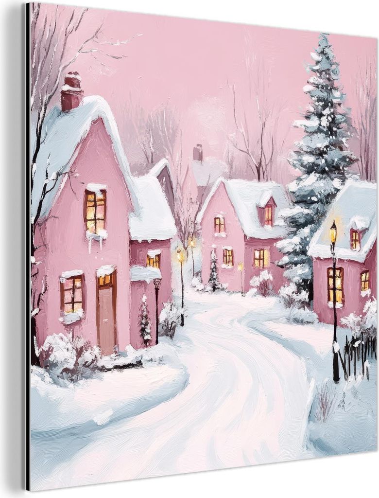 MuchoWow Wanddekoration Metall Metallbild Wandkunst 90x90 cm Weihnachtsdorf - Rosa - Winter - Schnee - Häuser MuchoWow Aluminium Gemälde - Dekora...