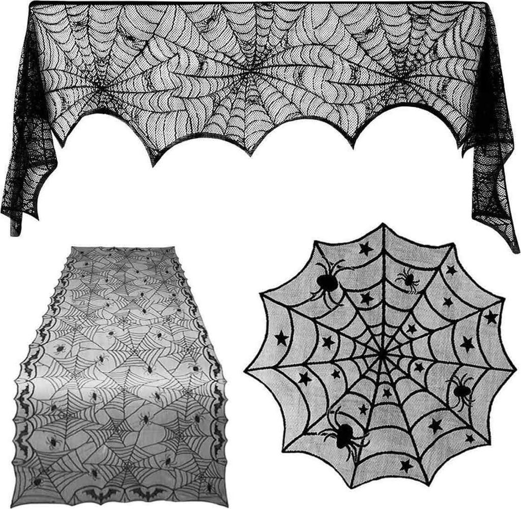 Halloween-Dekorationen für den Kaminsims im Innenbereich, Kaminsims-Abdeckung mit schwarzer Spitze und Spinnennetz, 2-teilige Tischdecke mit Hallo...