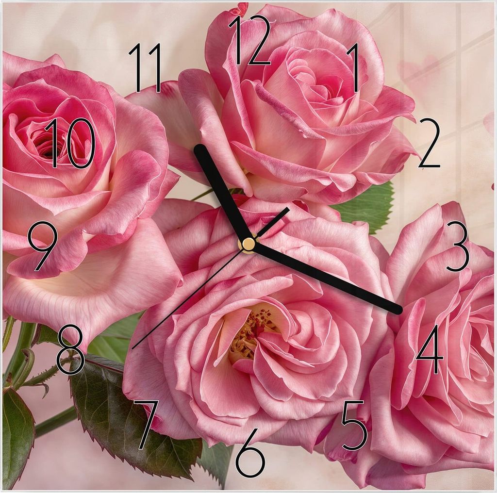 Wanduhr aus Glas mit Motiv Rosenblütenpracht- 30 x 30 cm - inkl. Aufhängesystem