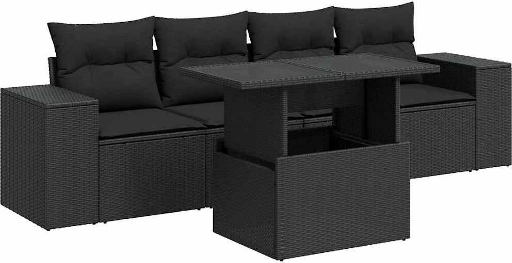 vidaXL 5-tlg. Garten-Sofagarnitur mit Kissen Schwarz Poly Rattan