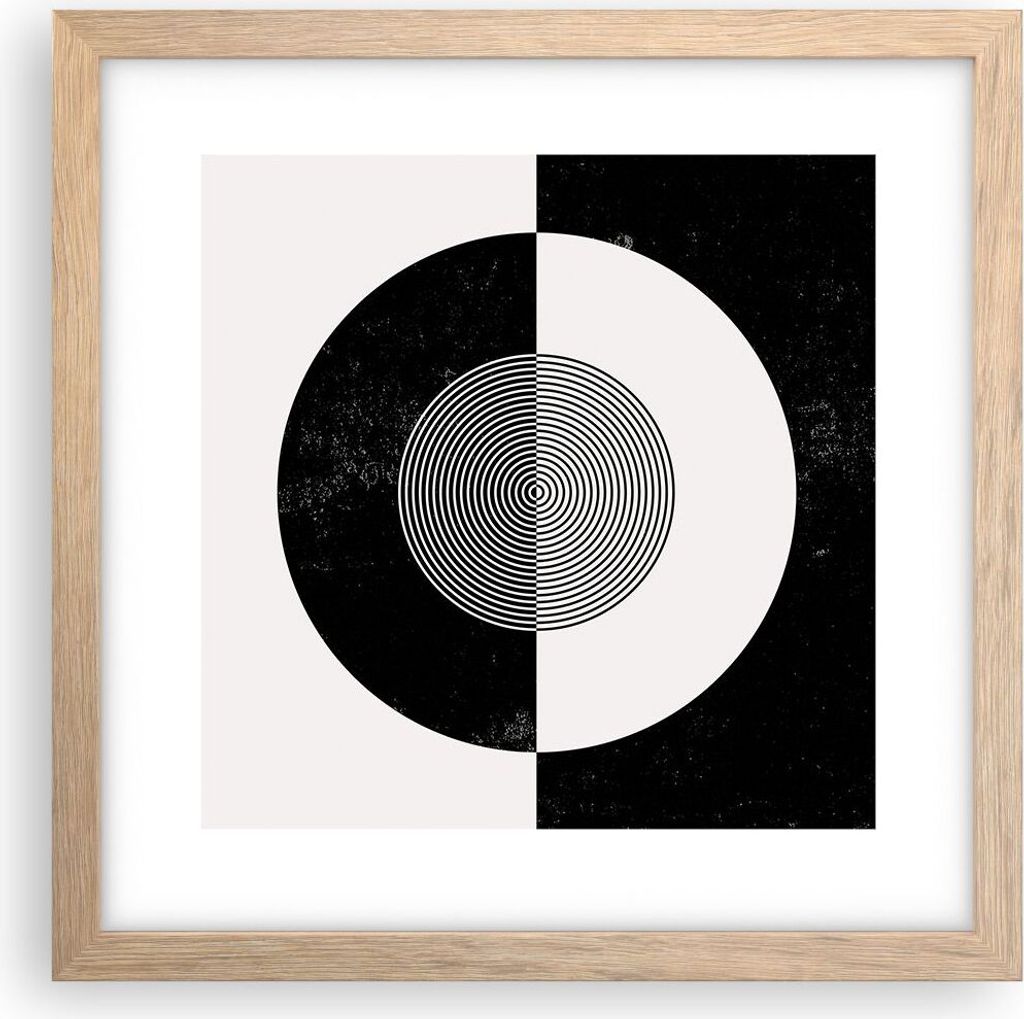 Gerahmtes Poster - Rahmen in heller Eiche - Abstraktion Rad Schwarz und Weiß - 30x30 cm - Wand Bild - Wanddeko - Wandbilder - Wandposter - Bilderr...