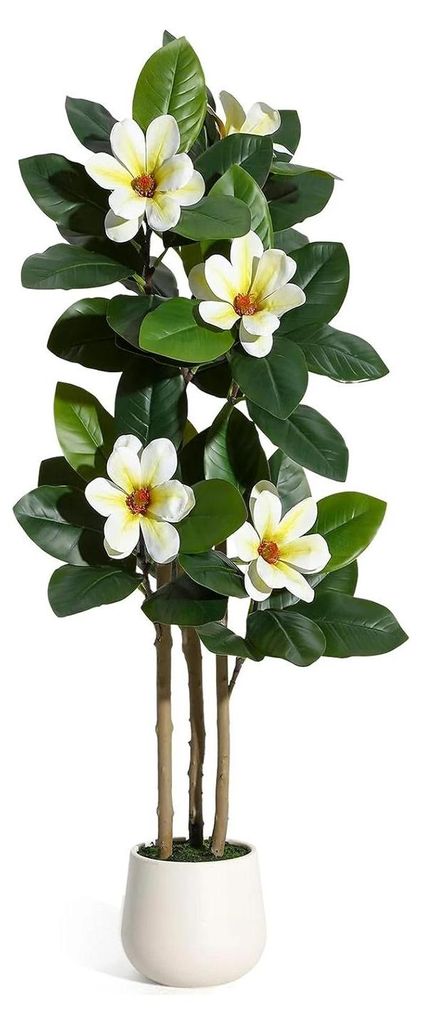 Fiddle Leaf Fig Kunstbaum - Große künstliche Gummibaum Zimmerpflanze im weißen Topf - 120 cm Höhe - Mit Magnolienblüten - Für Bodenaufstellun...