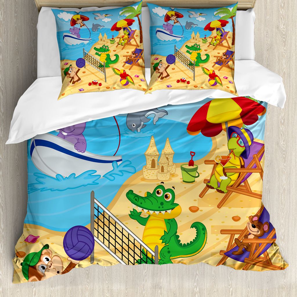 ABAKUHAUS Tier Bettbezug, Cartoon Tiere auf Strand, Milbensicher Allergiker geeignet mit Kissenbezügen, 200 cm x 200 cm - 80 x 80 cm, Mehrfarbig
