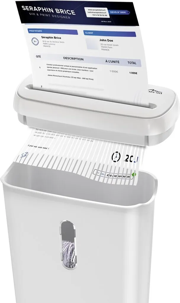 Destructeur de documents et de cartes bancaires blanc modèle MT223