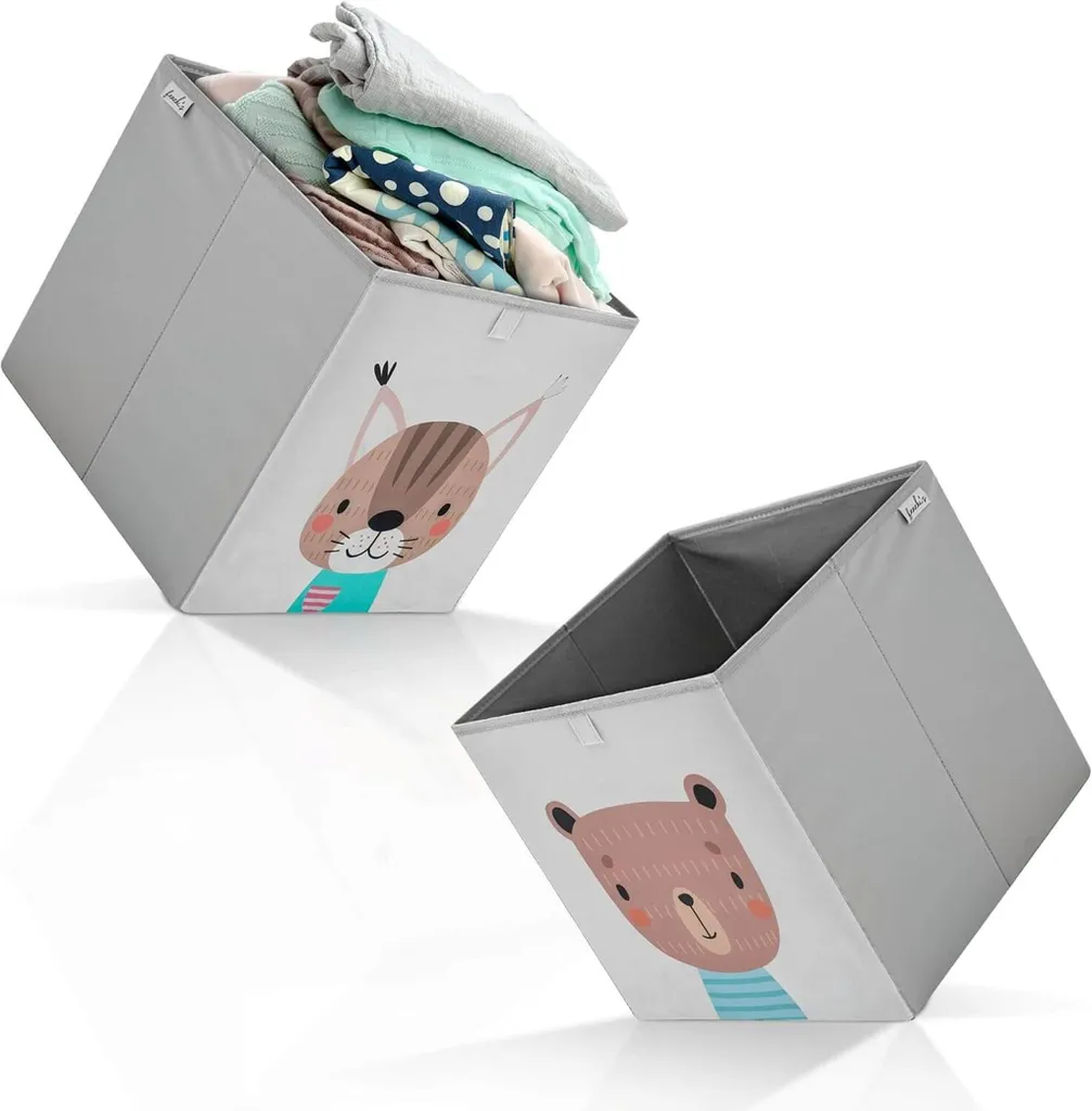 Boîtes Pliantes Enfant Ours et Chat - Paniers de Rangement 33x33x33 cm