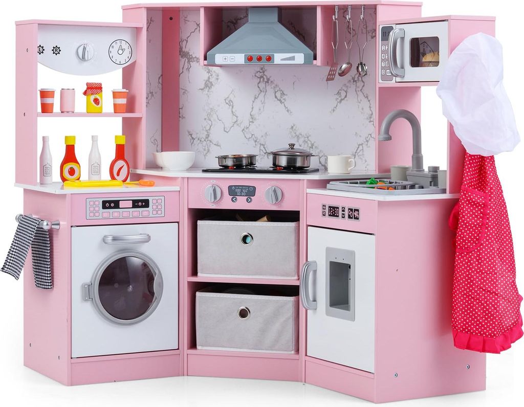 GOPLUS Kinderküche Holz, Spielküche mit Licht & Sound, Spielzeugküche mit Mikrowelle, Waschmaschine & Zubehör, für Kinder ab 3 Jahren, Rosa