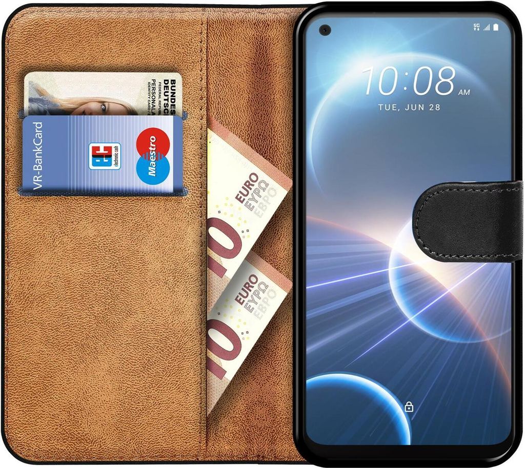 Étui Portefeuille Pour HTC Desire 22 Pro - Protection Complète Avec 3 Fentes Cartes - Noir Similicuir